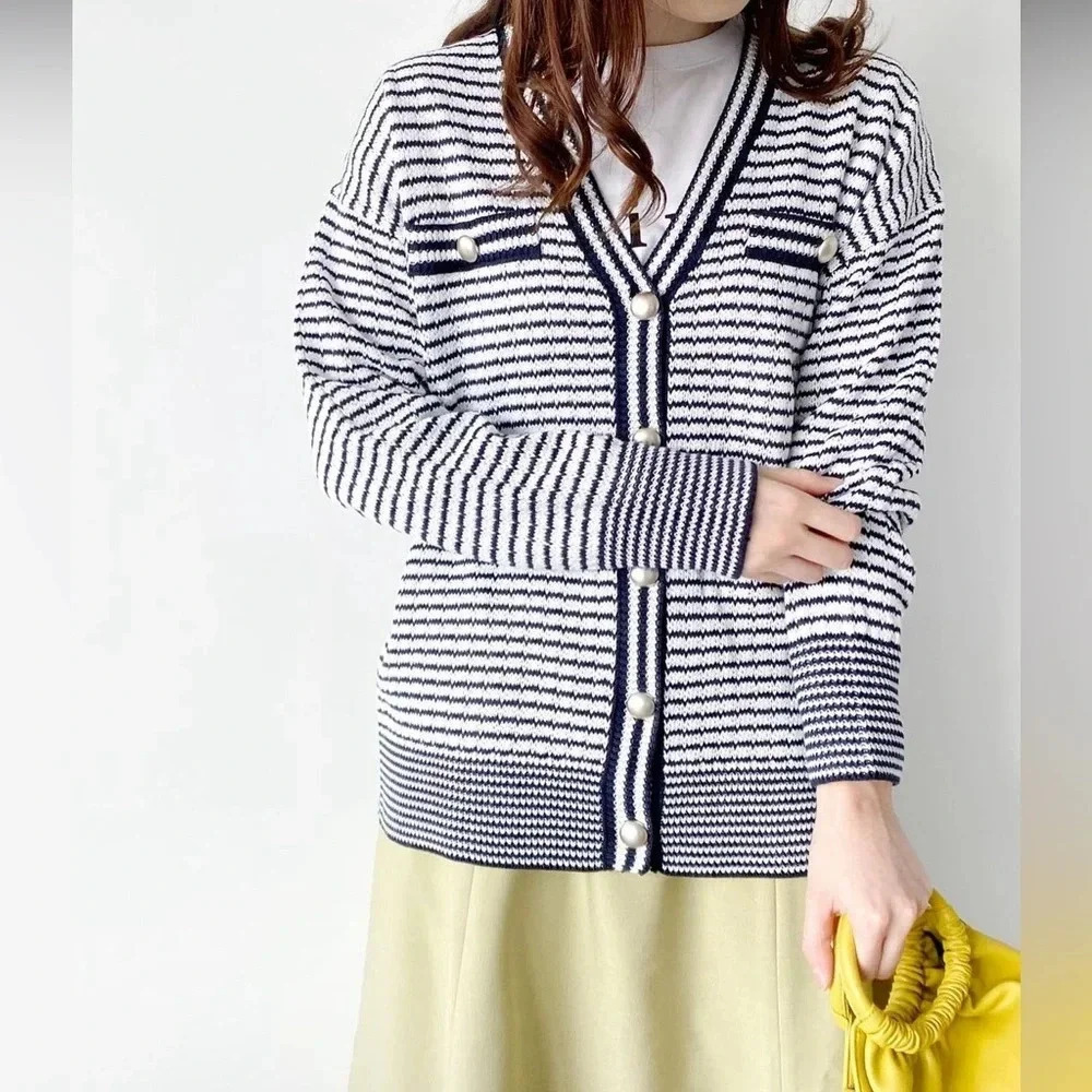 Tahari cotton vneck stripe cardigan preppy classic academia teacher classy